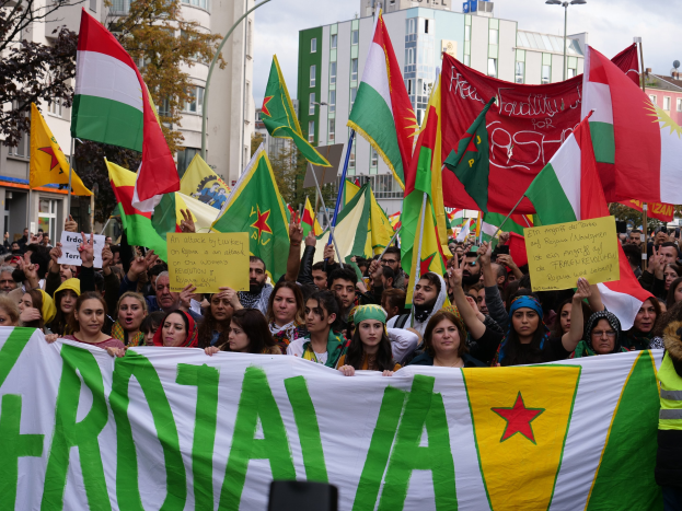 Große Gruppe von Menschen mit Flaggen und Schildern vor einem Gebäude, Bäumen und Laternen unter einem klaren Himmel, wahrscheinlich protestierend in Unterstützung der algerischen Regierung.