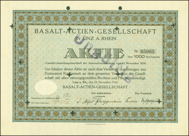 Rahmung alter Aktienurkunde der Basalt-Actien-Gesellschaft aus Linz, Deutschland, mit sichtbarem Text.