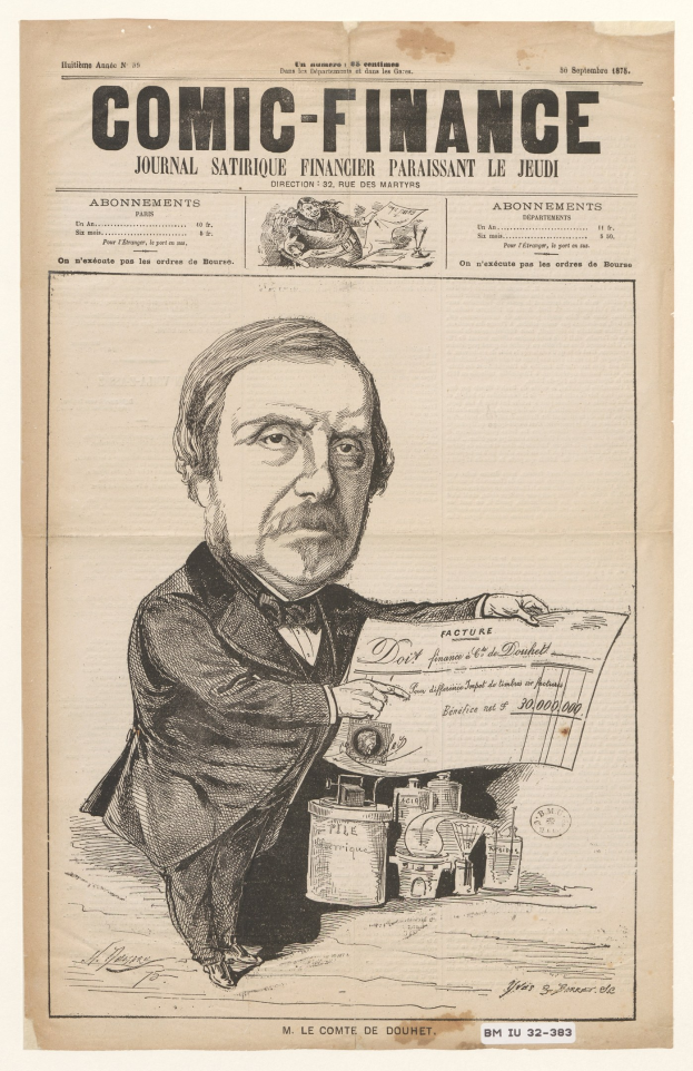 Schwarz-weiß-Illustration eines Mannes in Anzug und Krawatte, der ein Blatt mit Text und Zahlen hält, aus einer alten Zeitung.