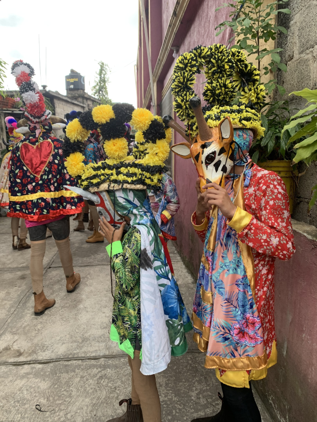 Farbenfrohe Gruppe in Kostümen bei einem Faschingsumzug mit Bäumen, Gebäuden und einem klaren blauen Himmel im Hintergrund.