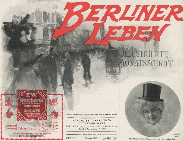 Werbeplakat für das Berliner Leben Theater mit einer Frau in einem Zylinder und einem Mann in einem Anzug, Text, Stempel, Menschen und Gebäude im Hintergrund.