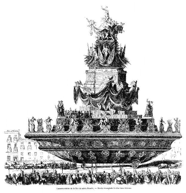 Schwarz-weiß-Zeichnung eines Brunnens mit Skulpturen inmitten eines Stadtplatzes mit Menschen drumherum, umgeben von Gebäuden, mit Text unten lesbar "Commemoration de la fête de la salle rosaille, marché triomphe du char dans palais".
