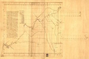 Ein altes Buch mit einer detaillierten Karte, die Straßen, Autobahnen und Textbeschriftungen von Städten, Dörfern und Sehenswürdigkeiten zeigt.