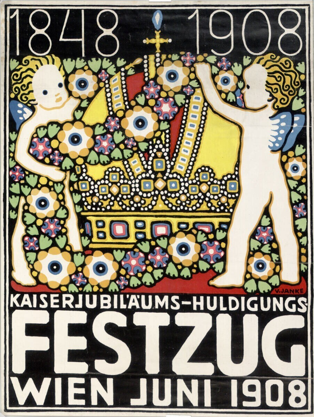 Plakat für ein Wiener Festival mit einem Bild von zwei Kindern, die zusammen stehen, mit Text.