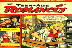 Ein Plakat, das eine Gruppe von Menschen in einer romantischen Umarmung zeigt, mit der Aufschrift "Teen-Age Romances 23-A by DC" quer darüber in fetter Schrift.
