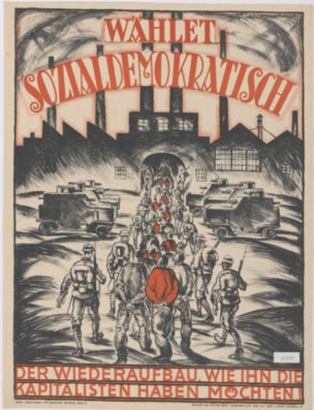 Eine Gruppe von Menschen und Fahrzeugen im Vordergrund mit einem Gebäude im Hintergrund auf einem deutschen Propagandaplakat für die Nazi-Partei der Sowjetunion, mit dem Text "Wahlet Sozialdemokratisch - der Wiederaufbau wie die Kapitalisten ihn haben möchten".