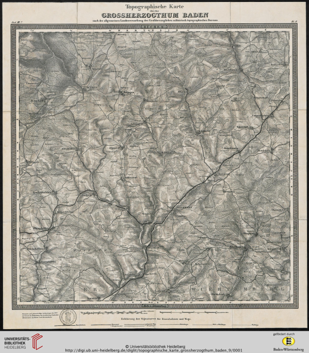 Ein gerahmtes topografisches Kartenbild von Baden-Württemberg, Deutschland, das Geländekonturen, Höhenangaben und geografische Merkmale zeigt.