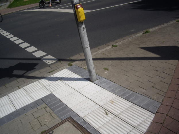 Eine Person fährt mit einem Roller die Straße entlang neben einem Gehweg, mit einem Pfahl in der Mitte der Straße, während ein Fahrrad auf dem Gehweg links geparkt ist und Gebäude, Bäume und Gras im Hintergrund zu sehen sind.