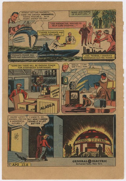 Comicbuchseite mit einem Mann in einem blauen Anzug mit roter Krawatte und einer Frau in einem weißen Kleid mit einem blauen Schal, vor einem hellblauen Himmel mit weißen Wolken.