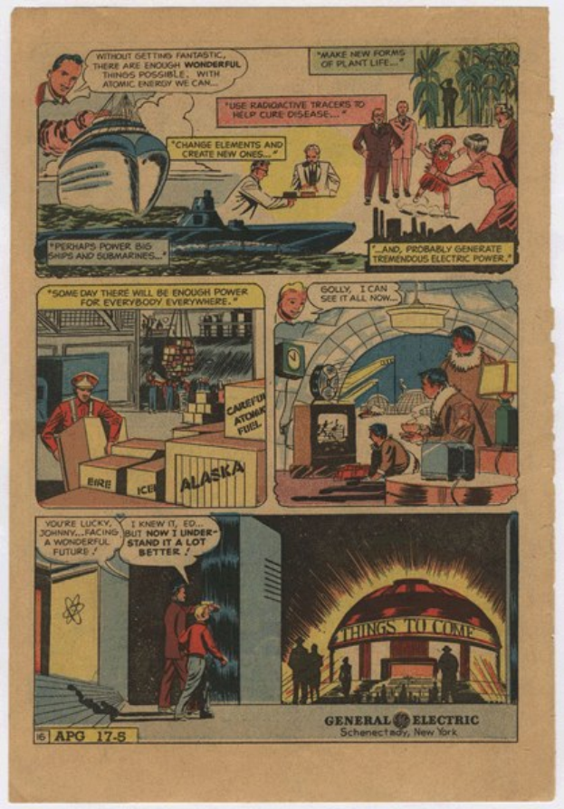 Comicbuchseite mit einem Mann in einem blauen Anzug mit roter Krawatte und einer Frau in einem weißen Kleid mit einem blauen Schal, vor einem hellblauen Himmel mit weißen Wolken.