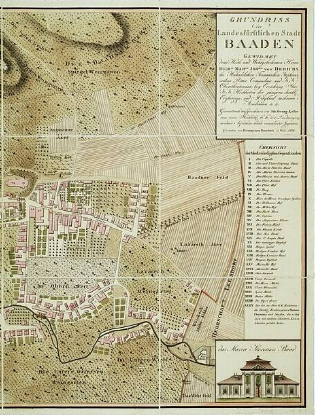 Detailierter alter Stadtplan von Baden-Württemberg, Deutschland, mit einem Gebäude in der rechten unteren Ecke, der Straßen, Gebäude und Sehenswürdigkeiten zeigt.