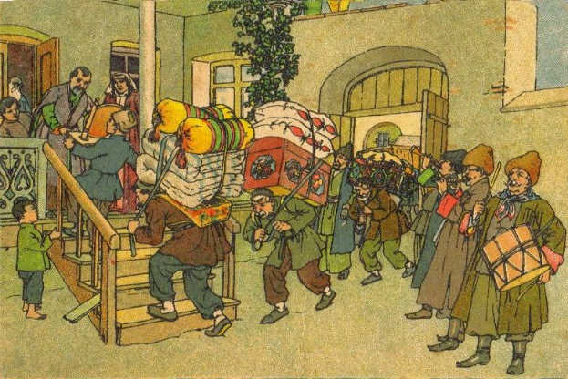 Eine Gruppe von Menschen mit Gepäck geht eine Straße entlang auf ein Gebäude mit Treppe und Geländer zu, mit einer Kletterpflanze im Hintergrund und Text unten, der "Die Rückkehr der Toten" lautet.