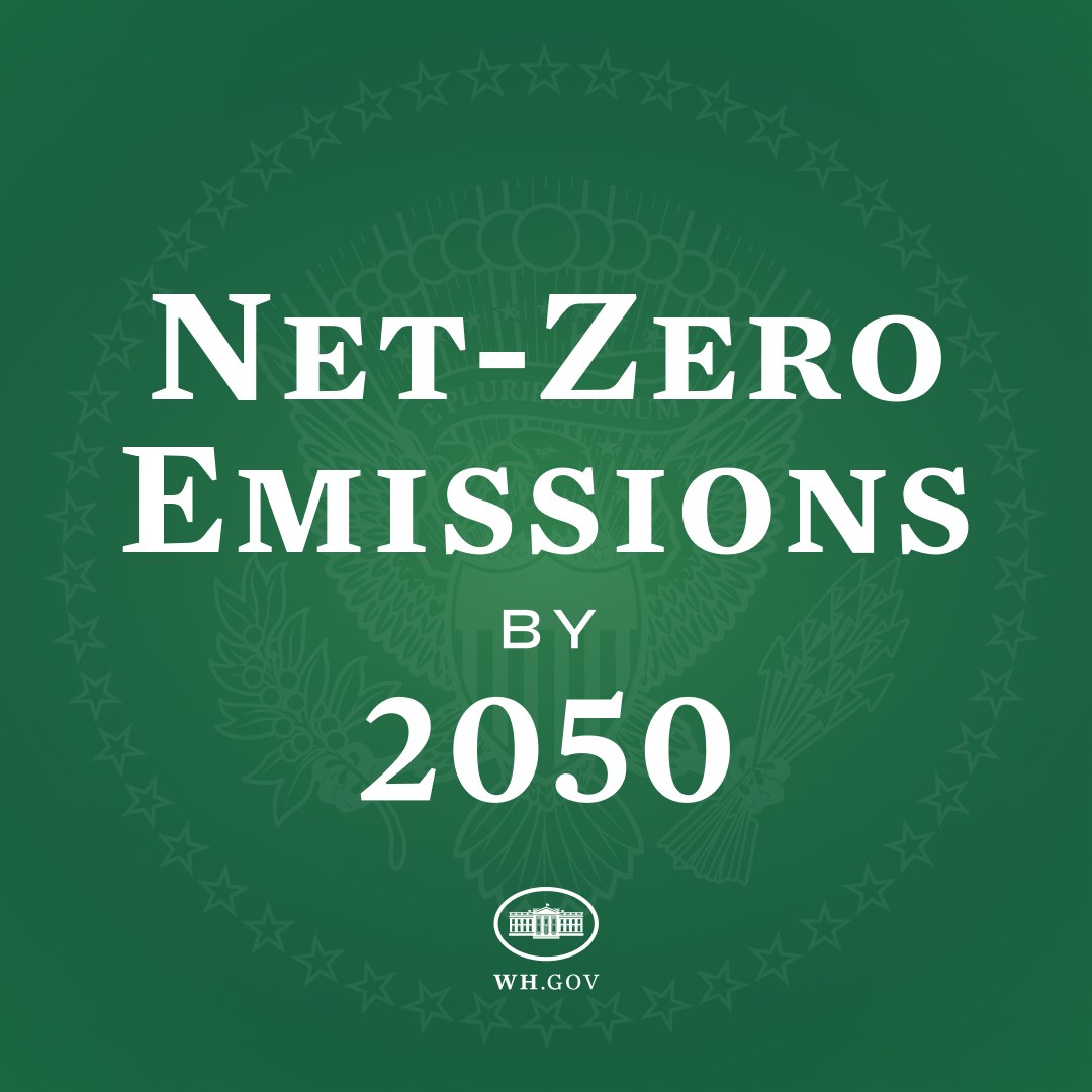 Ein grüner Hintergrund mit der fettgedruckten weißen Schrift "net-zero emissions by 2050".