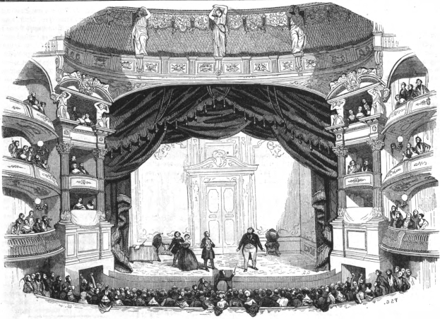 Schwarze Bleistiftzeichnung einer Bühne im Royal Opera House London mit Darstellern, Geländern, Säulen, Vorhängen und einer Tür, mit Text am unteren Rand, der den Standort identifiziert.