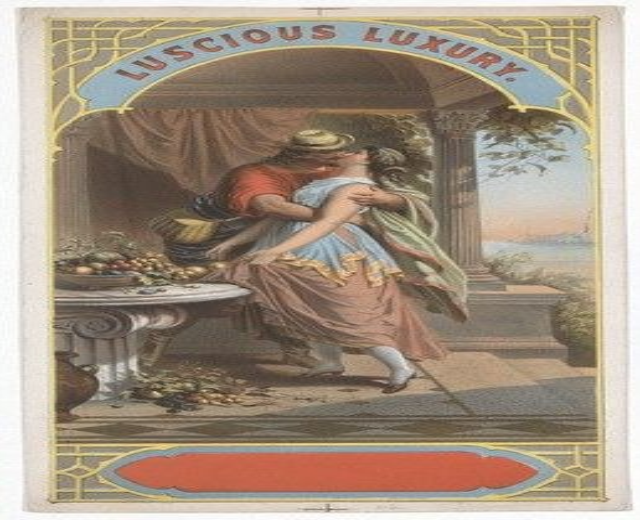 Ein Mann und eine Frau umarmen und küssen sich vor einem Tisch voller Früchte, mit einer Säule, einem Vorhang und Himmel im Hintergrund, eingerahmt von Text, der oben und unten "Lüsterne Luxus" lautet.