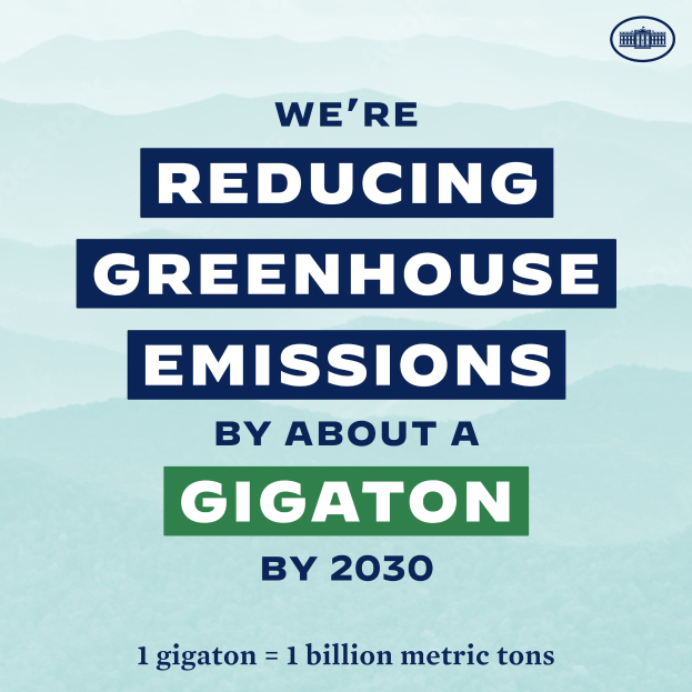 Ein Plakat mit Text und Logo, auf dem "Wir reduzieren die Treibhausgasemissionen bis 2030 um etwa eine Gigatonne." steht.