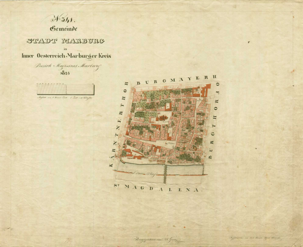 Detailierter alter Stadtplan von Marburg mit Straßen, Gebäuden, Sehenswürdigkeiten und Text mit zusätzlichen Stadtinformationen.