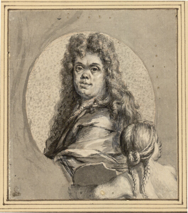 Ein Porträt eines Mannes mit langen Haaren und einem ernsten Gesichtsausdruck, der den Betrachter ansieht, neben einer Frau, die ein Kind hält und einen sanften Gesichtsausdruck hat, beide direkt in die Kamera schauen.