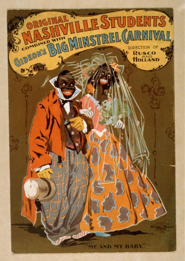 Ein Plakat für das Nashville Students' Big Minstrel Carnival, das zwei Personen in bunten Kostümen zeigt, mit Textbeschreibung des Events.