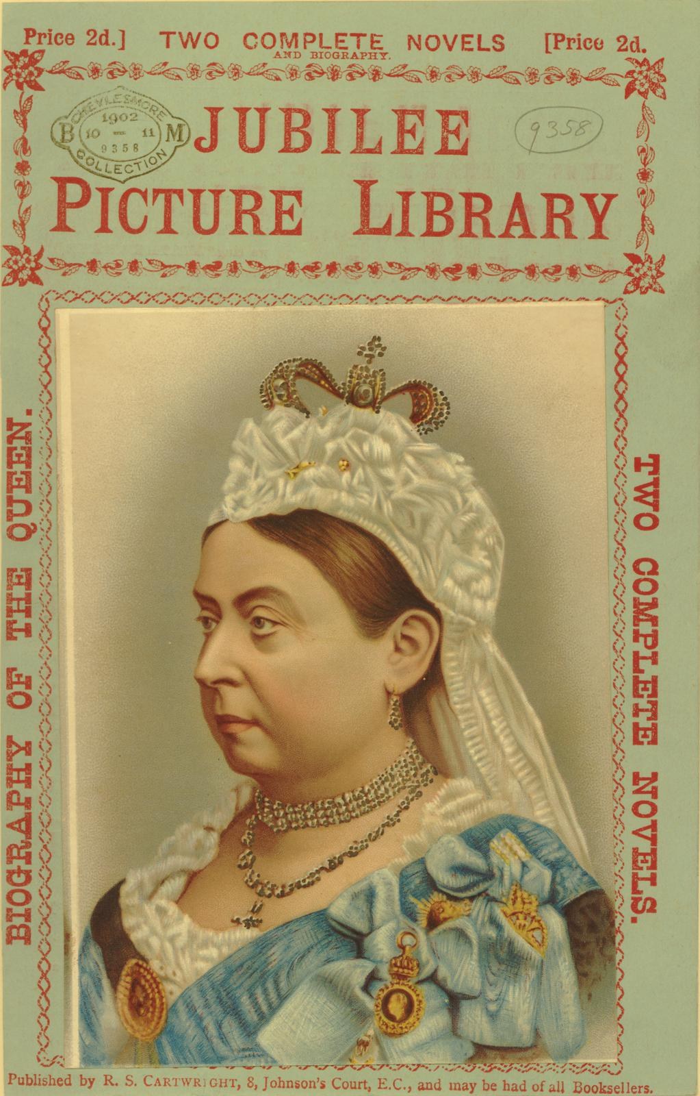 Buchumschlag mit einem Portr├Ąt von K├äigin Elisabeth I. von England, betitelt als "Jubilee Picture Library", beschrieben als Biografie über die K├äigin.