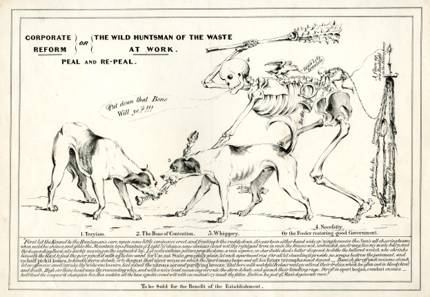 Ein Vintage-Stil-Papier mit einem gedämpften Blau- und Grau-Tonwertschema zeigt eine Zeichnung von zwei Hunden, die einen Skelett flankieren, mit der Inschrift "Der wilde Jagdherr der Wüste bei der Arbeit" in fetter Schrift.