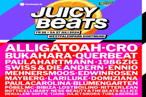 Ein lebendiger Plakat mit "Juicy Beats Festival" in fetter schwarzer Schrift auf einem hellgelben Hintergrund, mit Bildern von einem Mikrofon, einem Plattenspieler und einem Mikrofonständer.