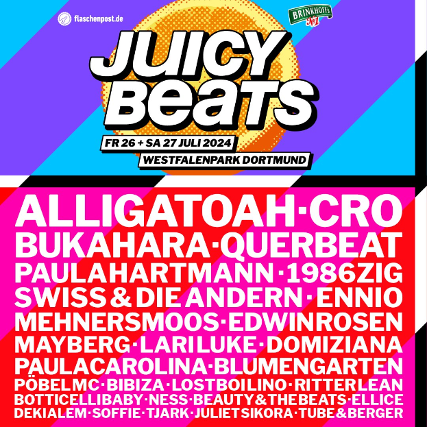 Ein lebendiger Plakat mit "Juicy Beats Festival" in fetter schwarzer Schrift auf einem hellgelben Hintergrund, mit Bildern von einem Mikrofon, einem Plattenspieler und einem Mikrofonständer.