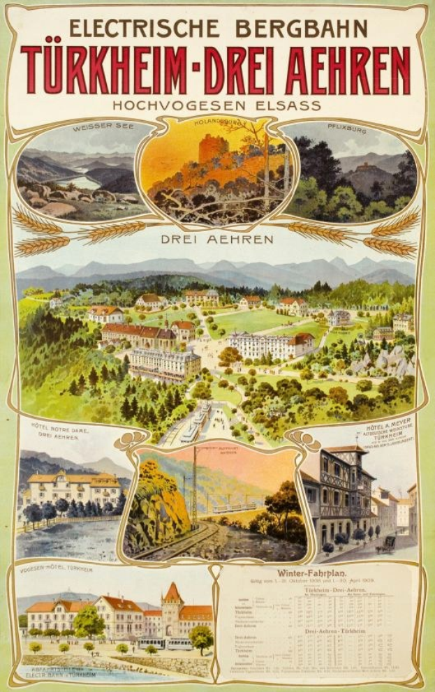Plakat wirbt für Bergbahn, Deutschland als elektrisches Stadt, mit Bildern von Gebäuden, Bäumen, Hügeln und beschreibendem Text.