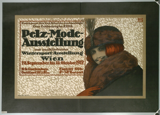 Ein Plakat für ein Wintersport-Event in Wien, Österreich, das eine lachende Frau in einem Pelzmantel und Hut sowie Texte mit Event-Informationen zeigt.