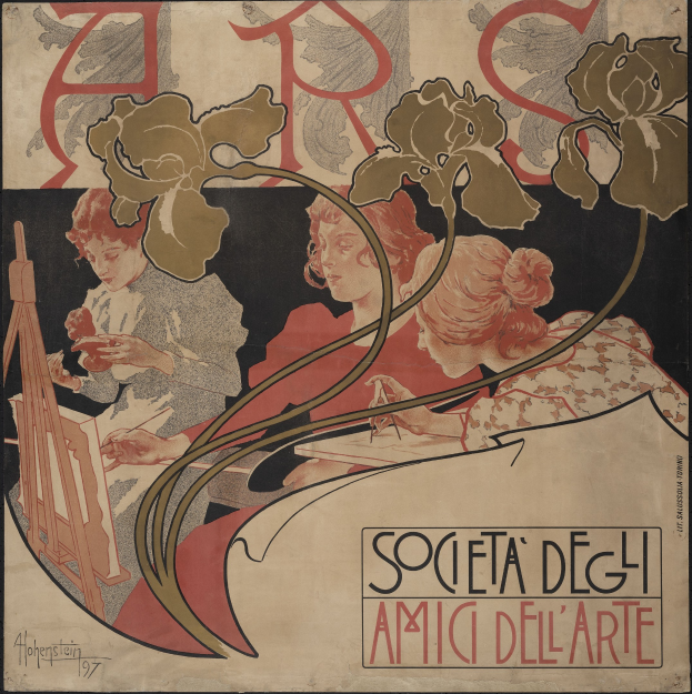 Plakat der Kunstgesellschaft von Alphonse Mucha, das drei stilisierte Figuren in verschiedenen Farben vor einem hellgelben Hintergrund mit schwarzer Schrift zeigt.