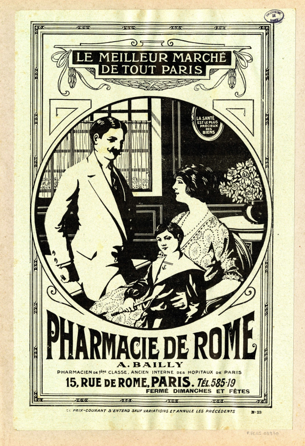 Schwarze-wei├če Werbung für eine Apotheke in Rom, die einen Mann und eine Frau zeigt, die nebeneinander stehen, mit Text, der die Apotheke und ihre Dienstleistungen beschreibt.