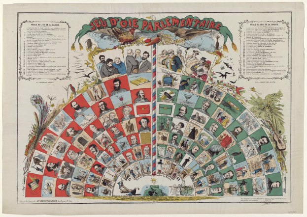 Ein buntes Glücksrad-Poster mit vier Abschnitten, umgeben von lachenden Menschen und fetter Schrift.