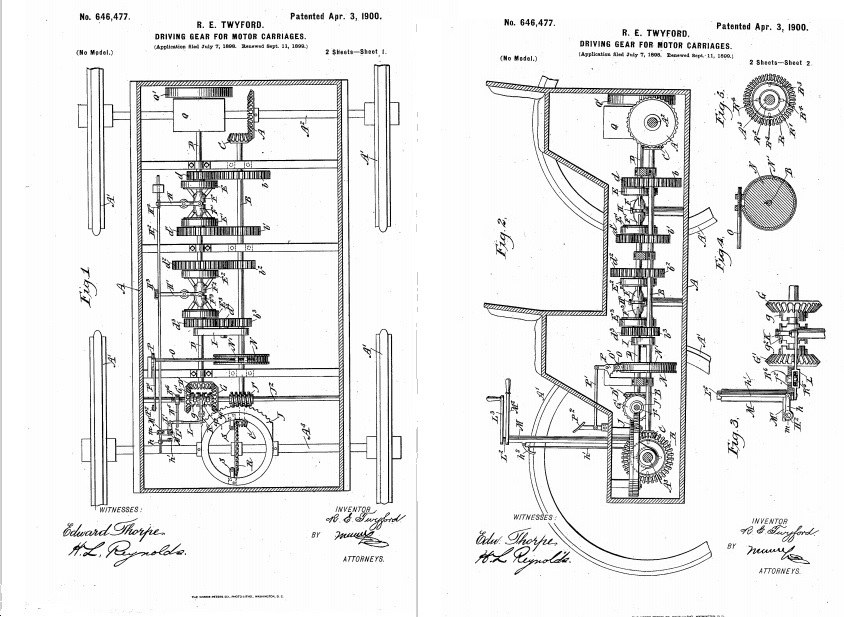 Schwarzes und weißes technisches Zeichnen eines getriebelosen Fahrzeugs, die älteste bekannte Automobilpatentillustration, auf altem Papier mit handschriftlichen Anmerkungen.